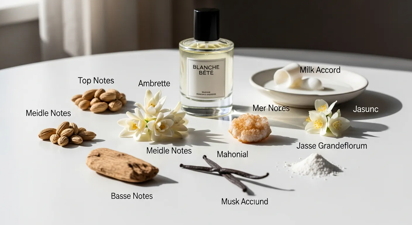 Modern luxury fragrance infographic illustrating the olfactory pyramid of Blanche Bête perfume, featuring top notes, heart notes, and base notes structure, highlighting creamy milk accords, white florals, vanilla, tonka bean, and musk with an elegant layered scent breakdown in a clean premium perfumery design.