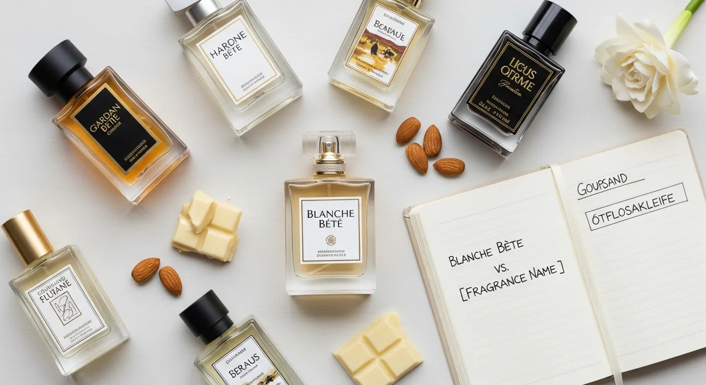 Modern niche fragrance comparison infographic illustrating Blanche Bête versus other gourmand perfumes, featuring creamy milky accords, vanilla and tonka bases, edible dessert-like scent profiles, white floral contrasts, cocoa sweetness, longevity notes, and elegant bottle silhouettes in a clean luxury perfumery design.
