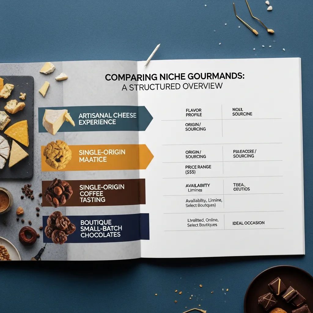 Infographic illustrating a structured comparison of niche gourmand fragrances, featuring perfume bottles with scent notes like vanilla, caramel, cacao, coffee, spices, longevity ratings, projection levels, uniqueness, and luxury fragrance brand comparisons.