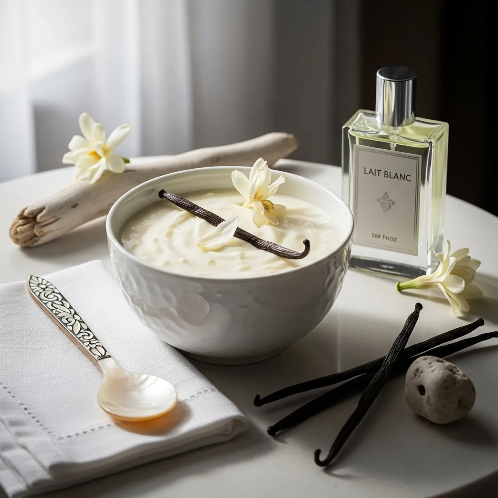 Modern luxury fragrance infographic illustrating emerging trends in milky gourmand scents like Blanche Bête, featuring creamy lactonic notes, vanilla and musk blends, floral gourmand compositions, skin-scent perfumes, cozy emotional fragrance themes, and elegant perfume bottle visuals in a soft premium aesthetic design.