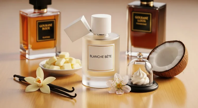 Modern luxury fragrance infographic illustrating Blanche Bete as the ultimate guide to a masterpiece perfume, featuring elegant perfume bottle design, scent notes pyramid, floral and musky accords, fragrance longevity, luxury branding elements, and soft artistic visuals in a clean premium aesthetic design.